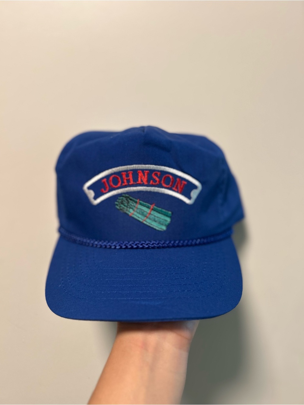 Vintage 90s Otto Johnson Asparagus Promo Rope Hat Royal Blue
